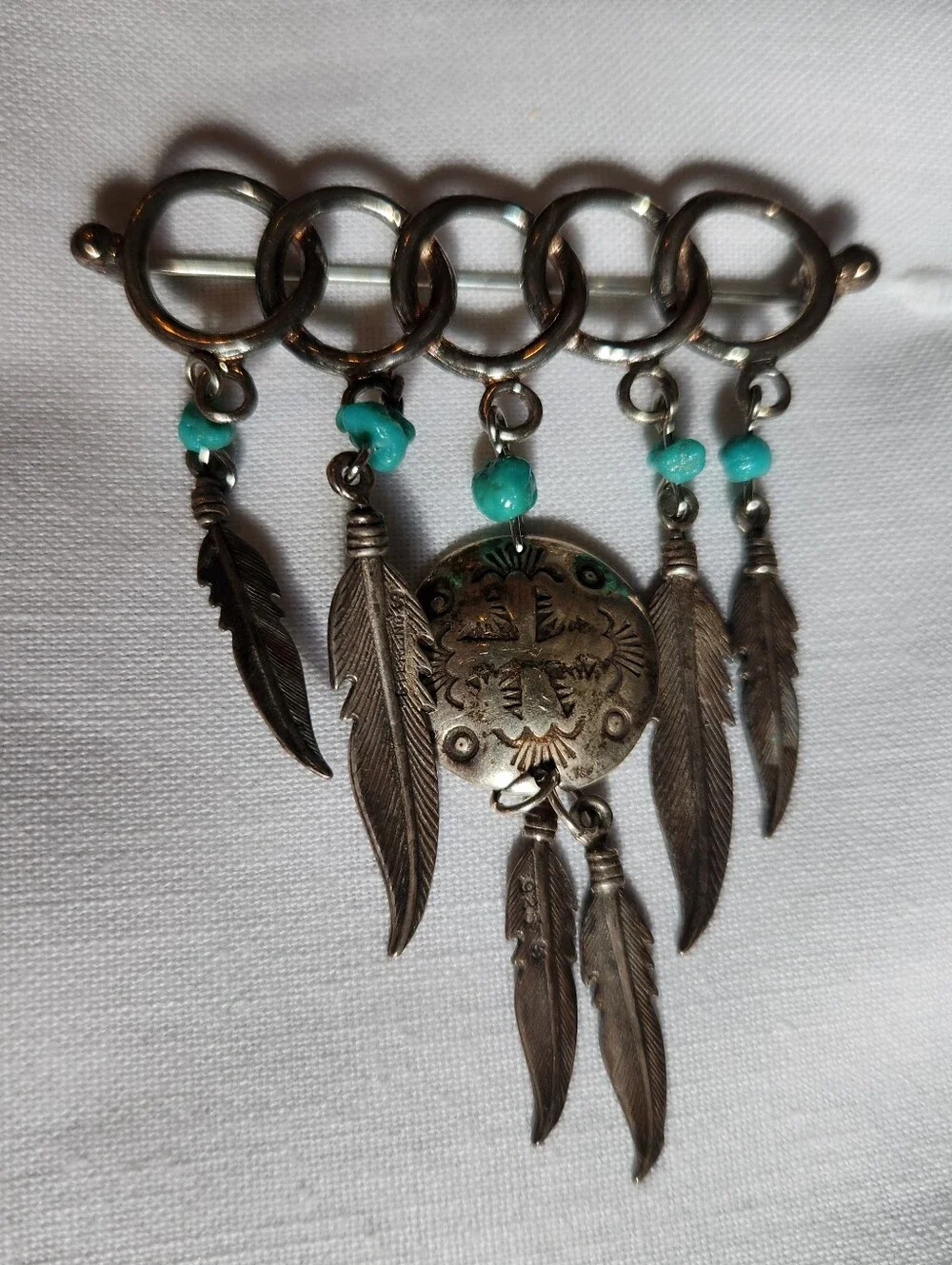 Vintage Native American Navajo Circle Brooch Pin w/ Feathers Turquoise Sterling